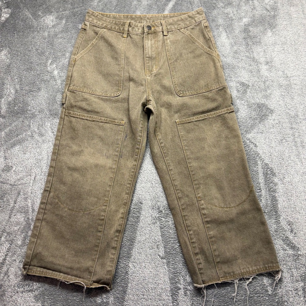 Sumwon Carpenter Pants Mens Size M Olive Brown Good Double Knee Raw Hem